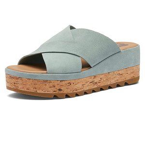 Sorel Cameron Flatform Wedge Sandal Size 9 Cork Cross Strap Crushed Blue New